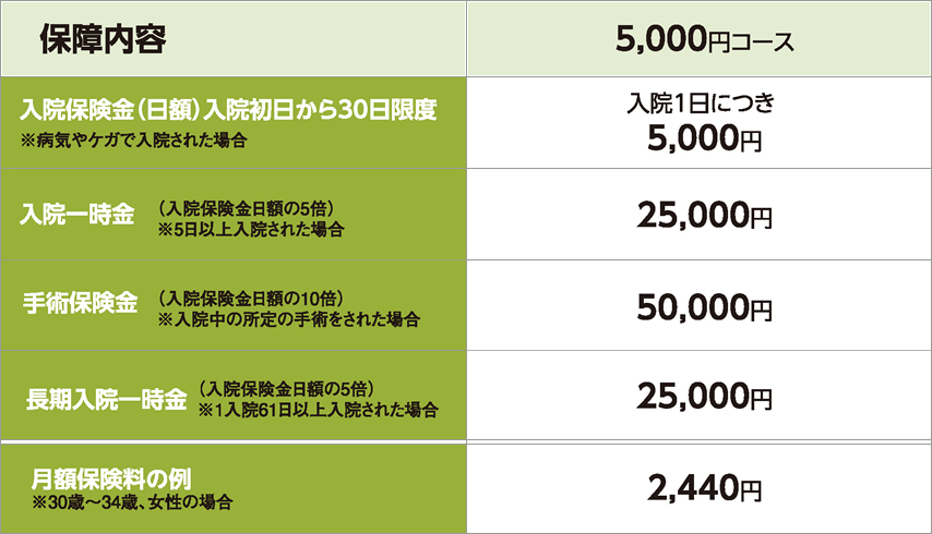 保障内容5,000円コース 入院保険金（日額）入院初日から30日程度※病気やケガで入院された場合 入院1日につき5,000円 入院一時金（入院保険金日額の5倍）※5日以上入院された場合 25,000円 手術保険金（入院保険日額の10倍）※入院中の所定の手術をされた場合 50,000円 長期入院一時金（入金保険日額の5倍）※1入院61日以上入院された場合 25,000円 月額保険料の例 ※30歳～34歳、女性の場合 2,440円